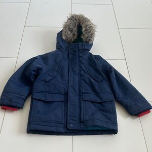 Mini Boden Navy Hooded Winter Jacket with removable Faux Fur Hood 4/5Y